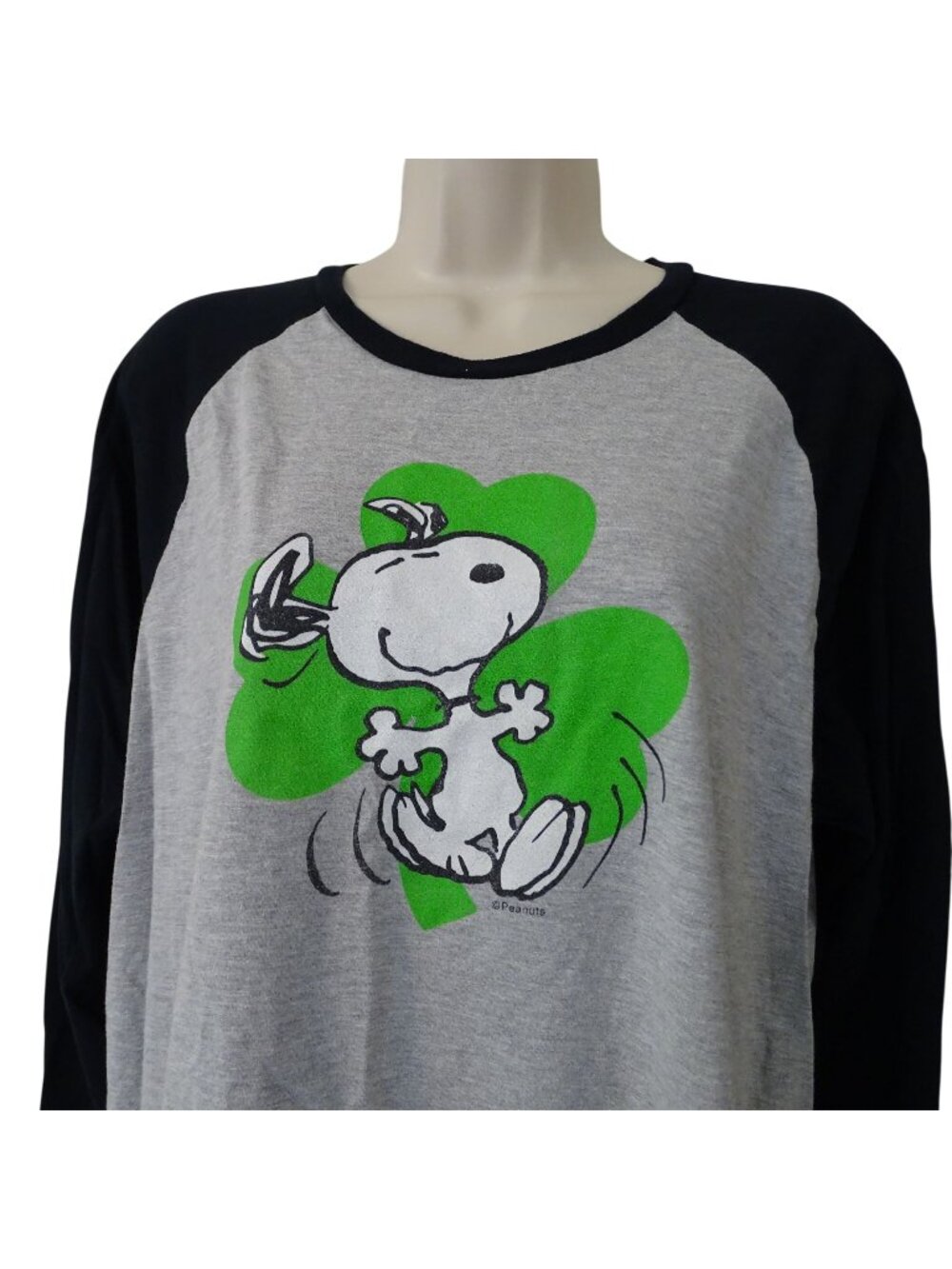 Port Company Snoopy Shamrock Graphic Long Sleeve Raglan TShirt Grey Women Size L